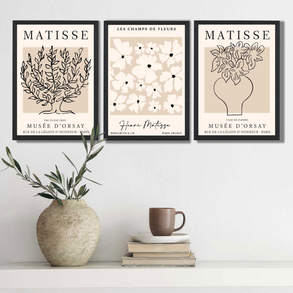 Matisse Floral Line Art Set of 3 Black and Cream Art Prints in Oak Frames | Artze UK
