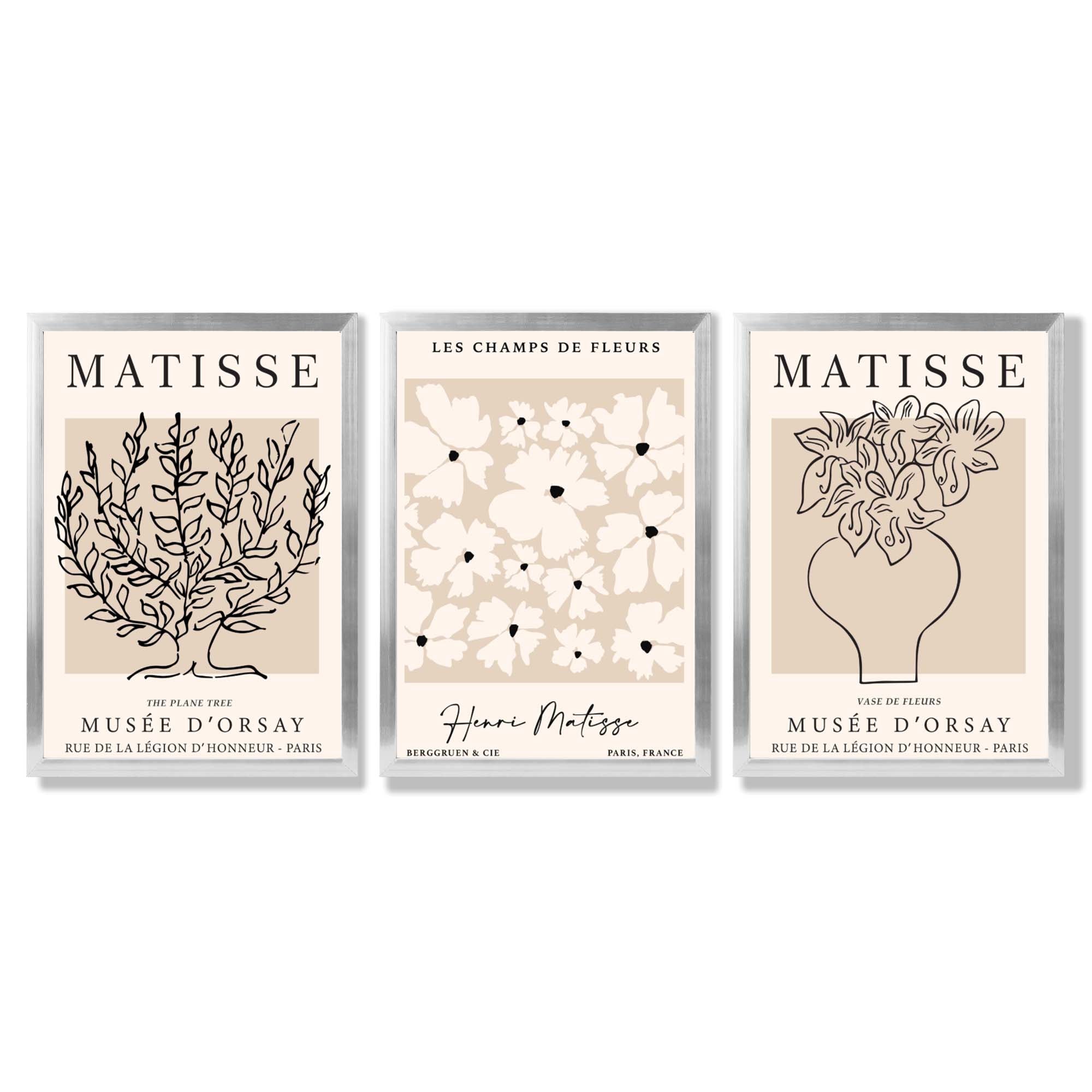 Matisse Floral Line Art Set of 3 Black and Cream Framed Wall Art with Silver Wood Frames