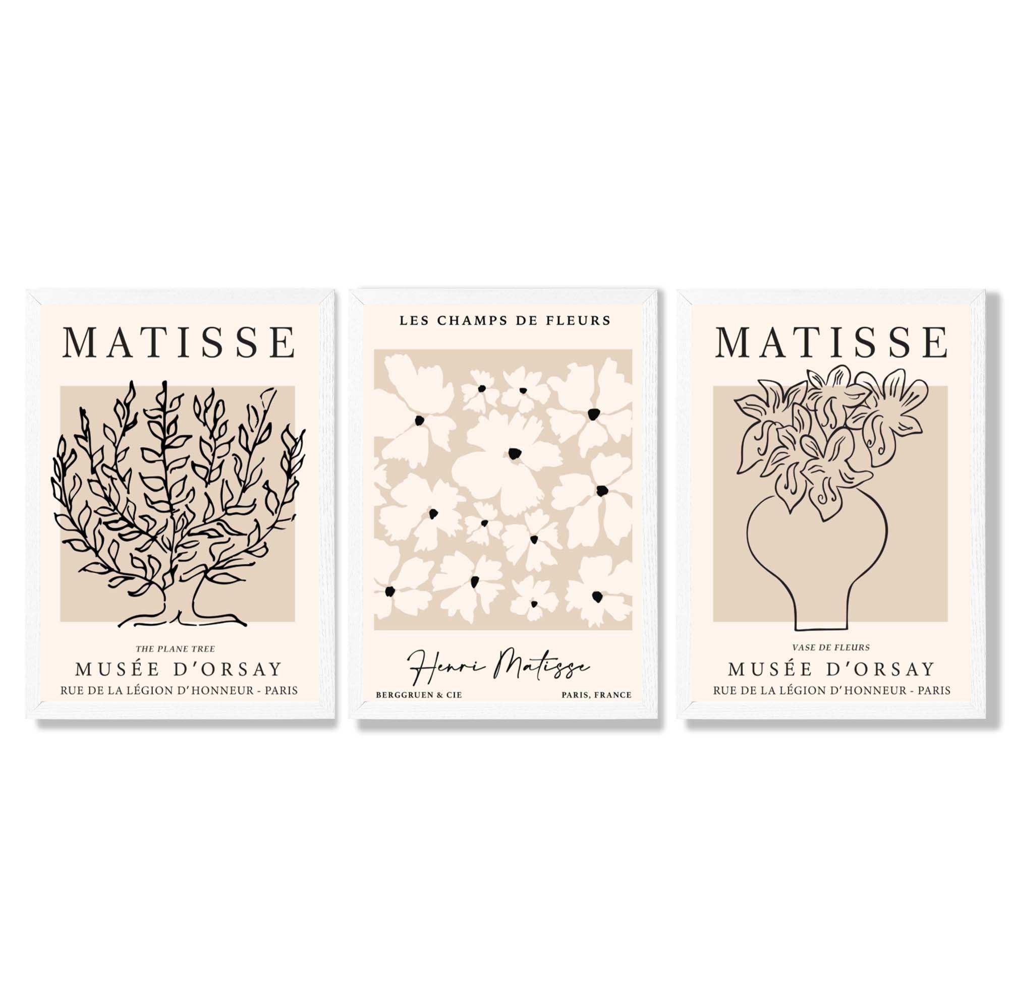Matisse Floral Line Art Set of 3 Black and Cream Framed Wall Art with White Wooden Frames