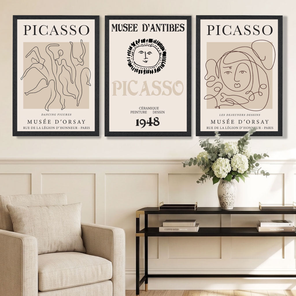 Picasso Line Art Set of 3 Black and Cream Dancers Framed Wall Art with Black Wooden Frames