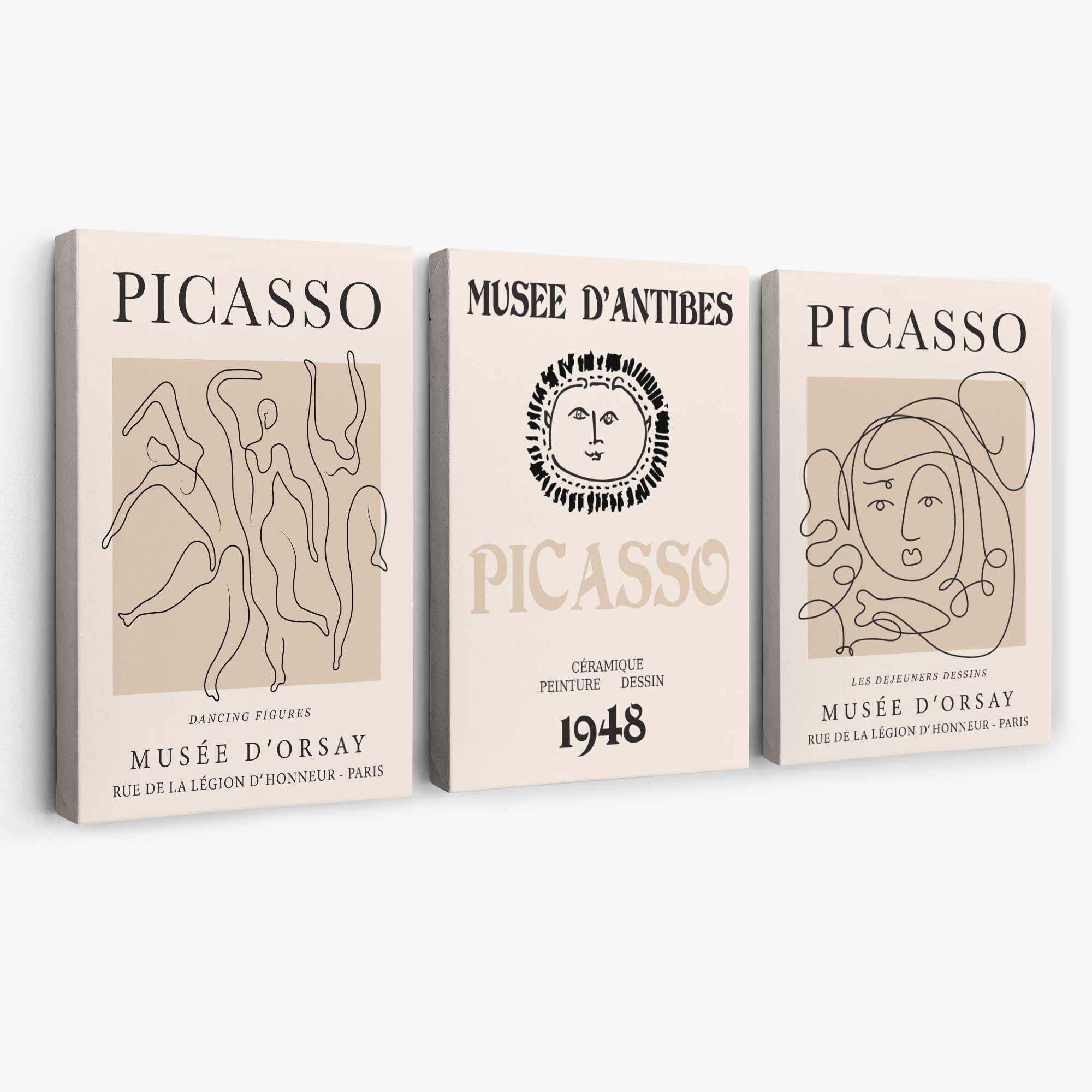Picasso Line Art Set of 3 Black and Cream Dancers Canvas Prints | Artze Wall Art