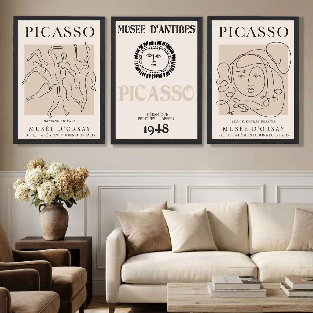 Picasso Line Art Set of 3 Black and Cream Dancers Art Prints in Black Frames | Artze UK