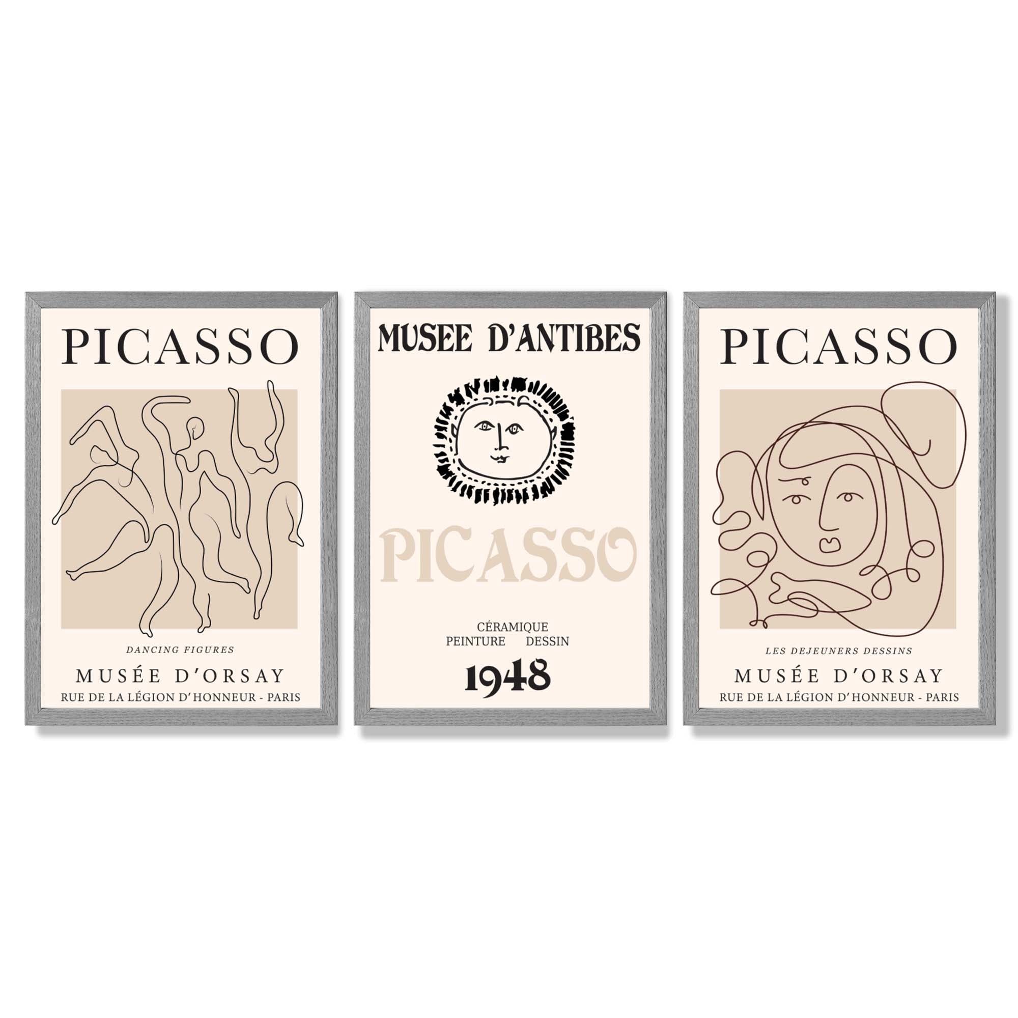 Picasso Line Art Set of 3 Black and Cream Dancers Framed Wall Art with Light Grey Wooden Frames