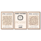 Picasso Line Art Set of 3 Black and Cream Dancers Framed Wall Art with Light Oak Frames