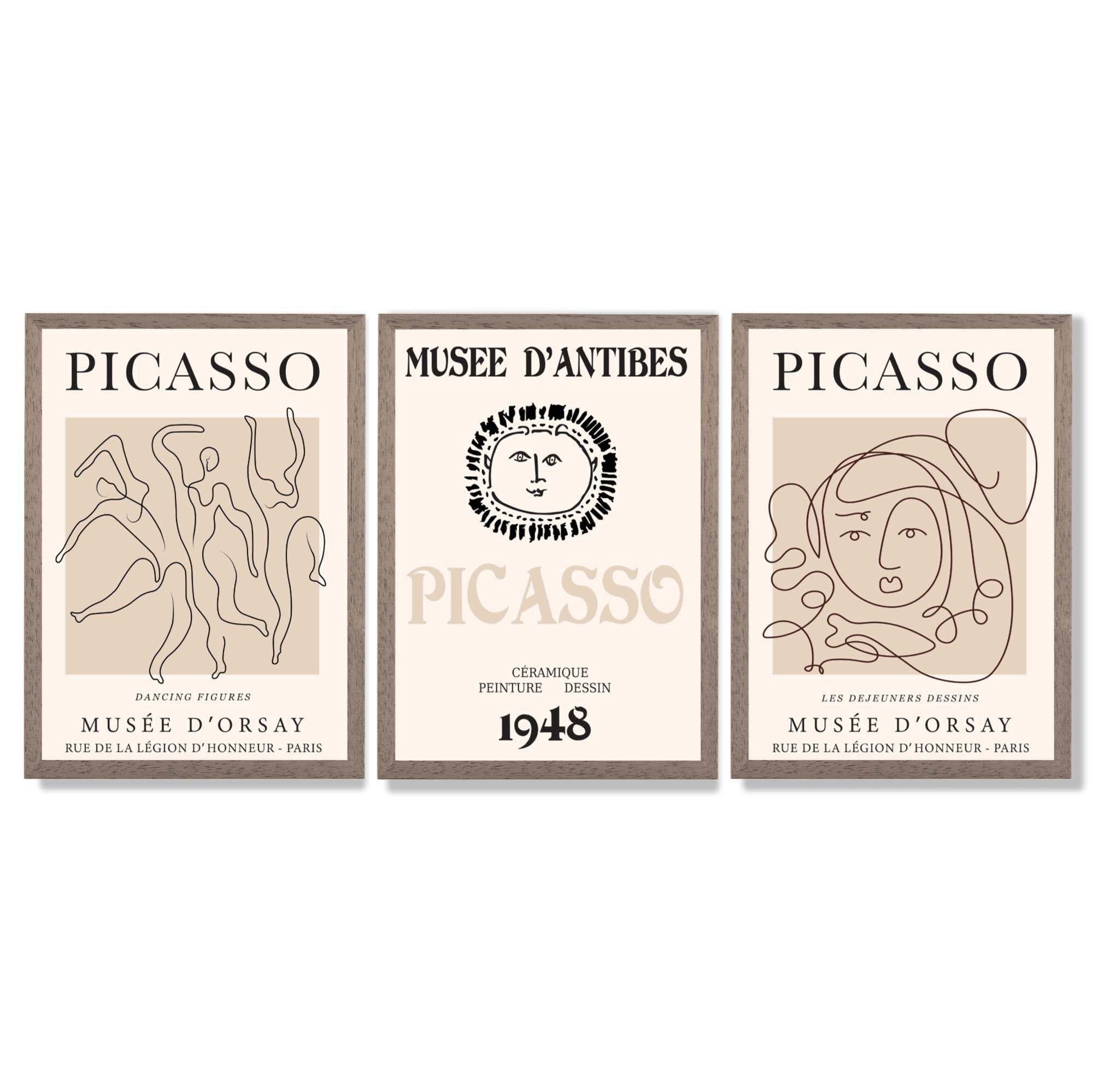 Picasso Line Art Set of 3 Black and Cream Dancers Framed Wall Art with Light Walnut Frames