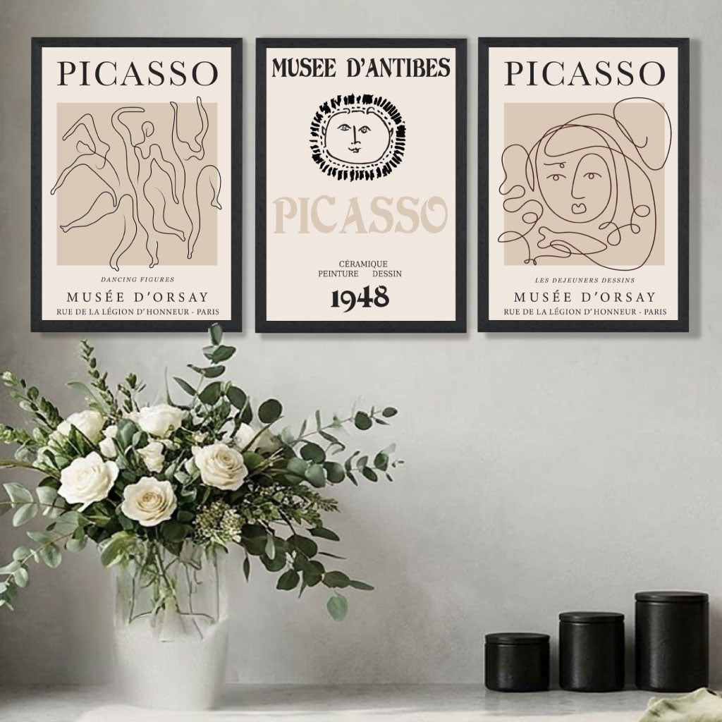 Picasso Line Art Set of 3 Black and Cream Dancers Art Prints in Oak Frames | Artze UK