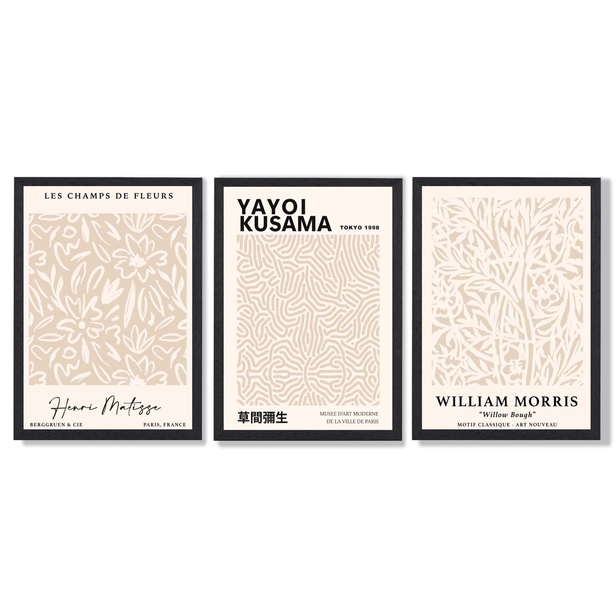 Set of 3 Matisse Morris Kusama Beige Floral Framed Wall Art with Black Wooden Frames