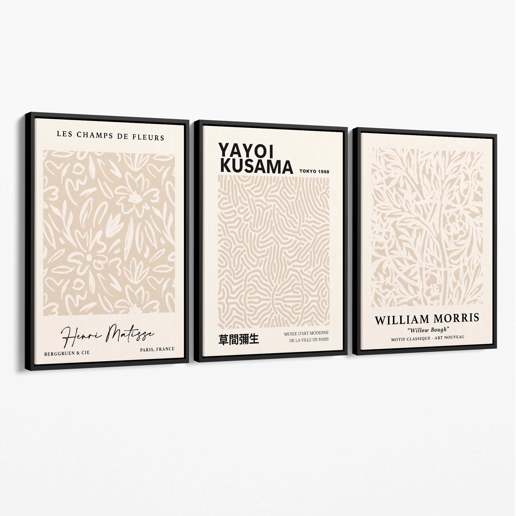 Set of 3 Matisse Morris Kusama Beige Floral Canvas Prints with Black Float Frame