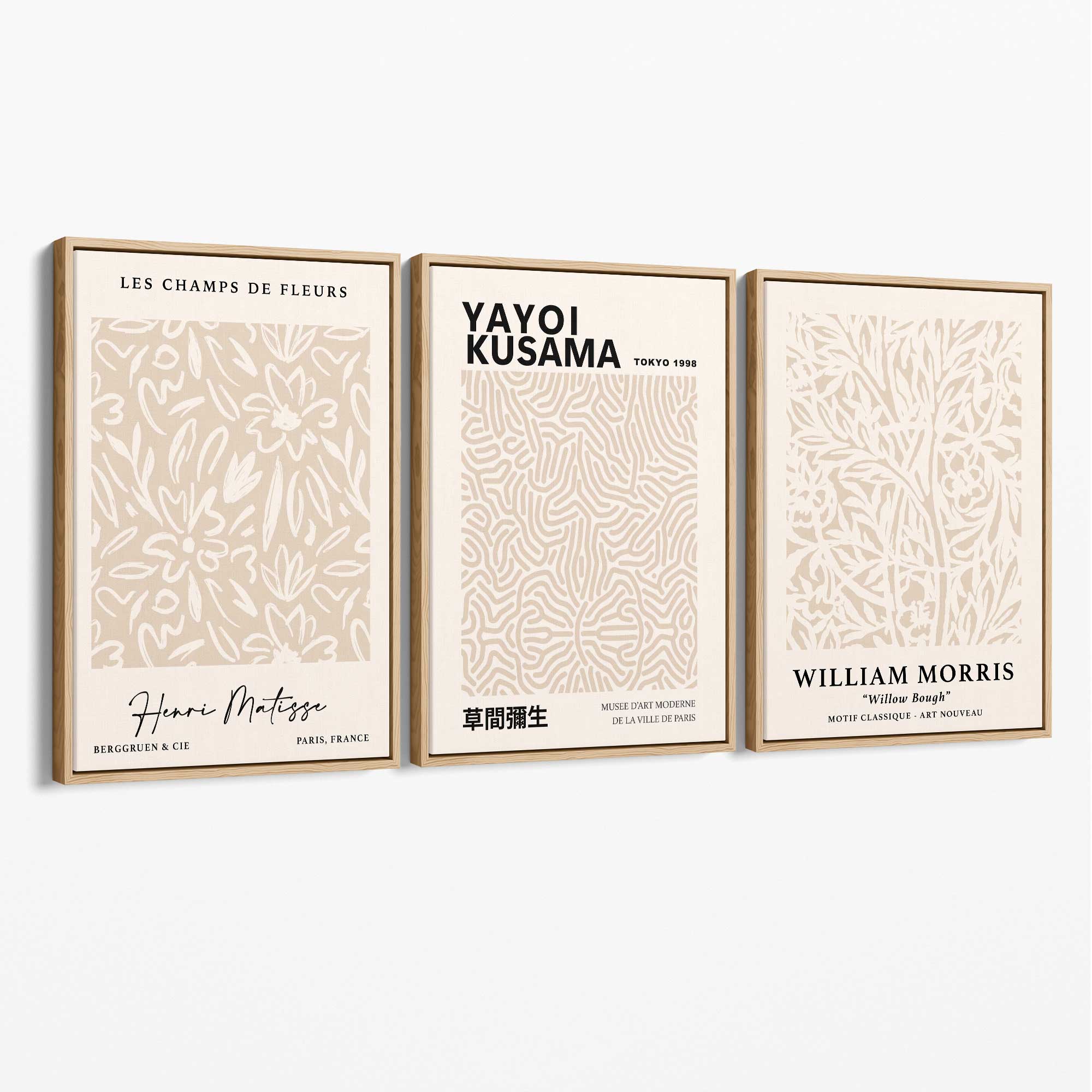 Set of 3 Matisse Morris Kusama Beige Floral Canvas Prints with Oak Float Frame