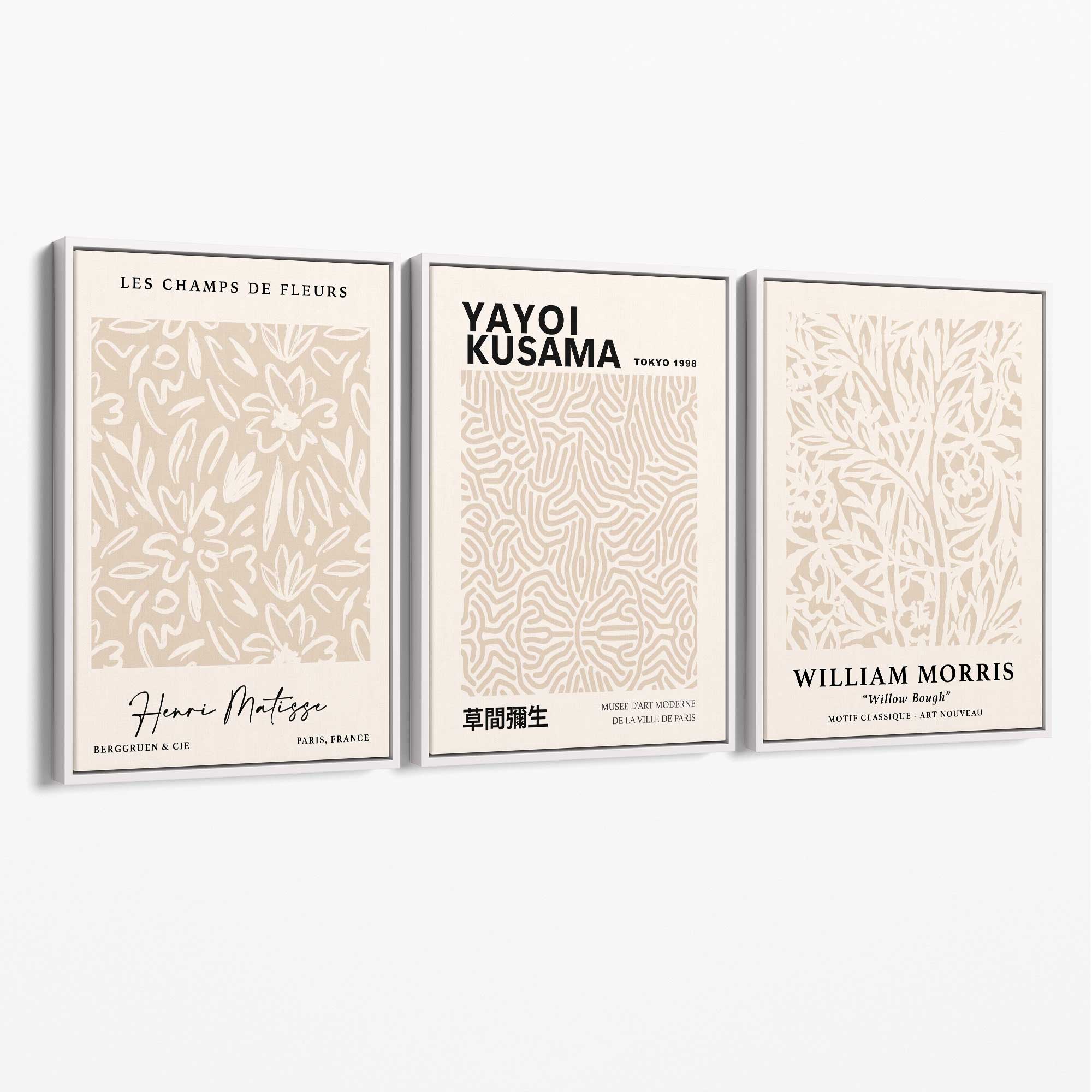 Set of 3 Matisse Morris Kusama Beige Floral Canvas Prints with White Float Frame