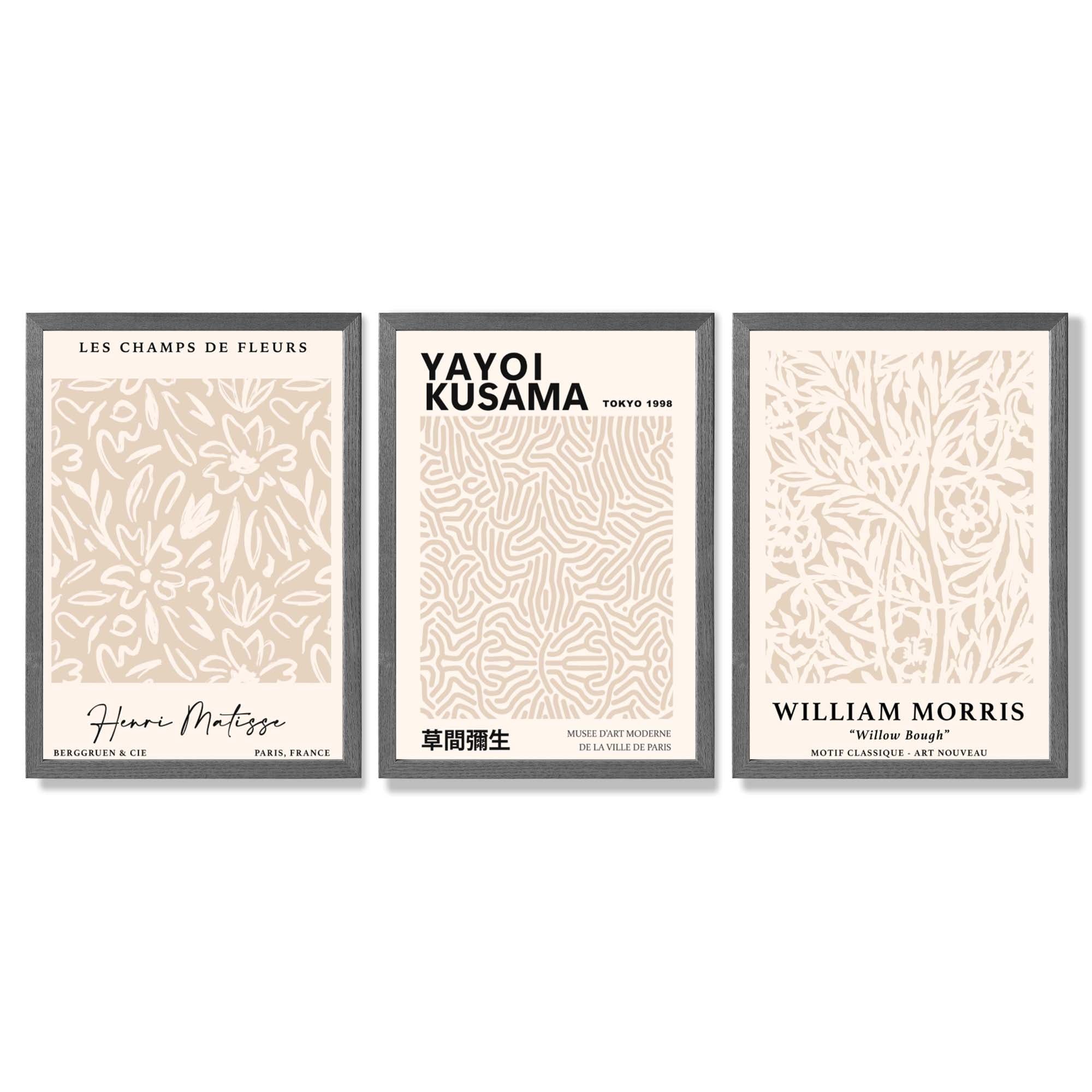 Set of 3 Matisse Morris Kusama Beige Floral Framed Wall Art with Dark Grey Wooden Frames