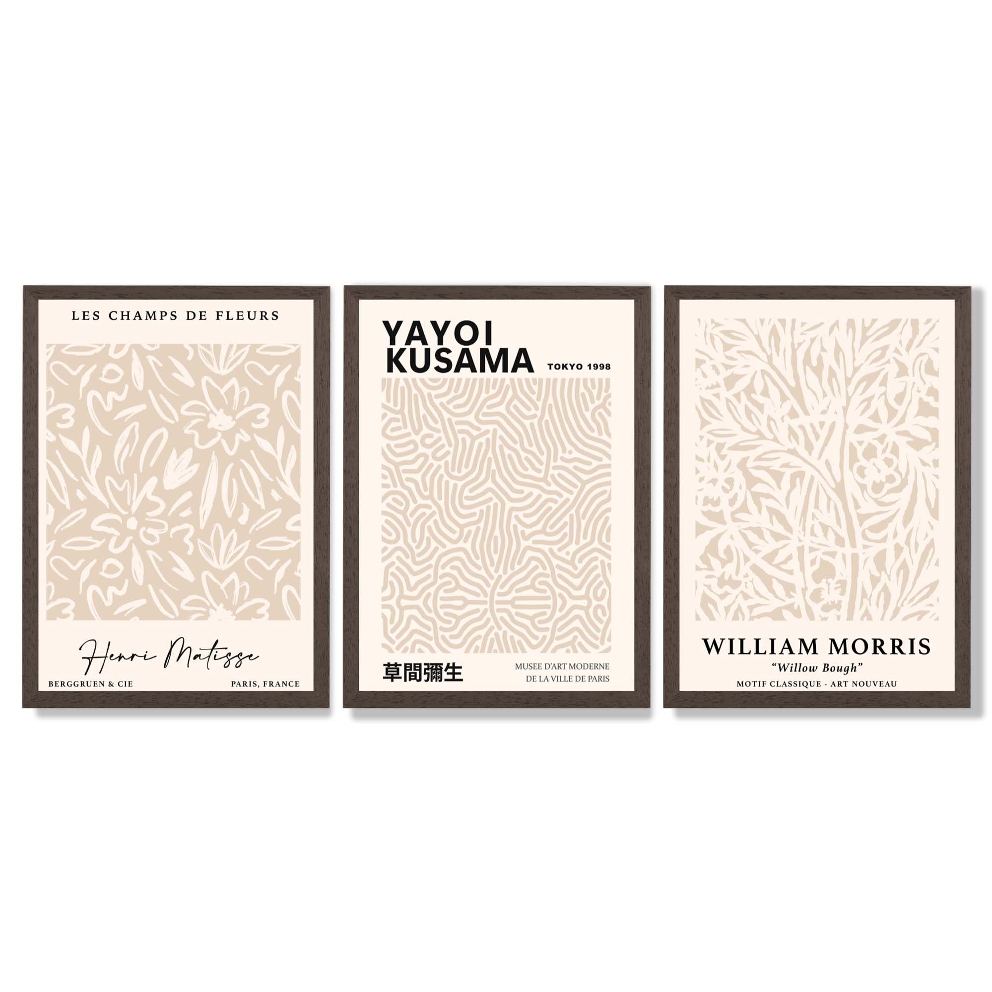 Set of 3 Matisse Morris Kusama Beige Floral Framed Wall Art with Dark Wood Frames
