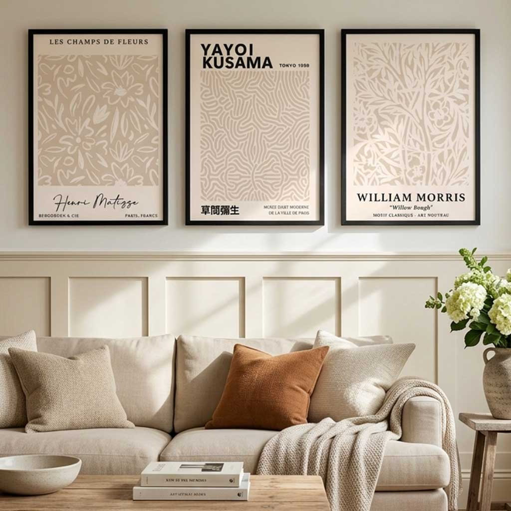 Set of 3 Matisse Morris Kusama Beige Floral Art Prints in Black Frames | Artze UK