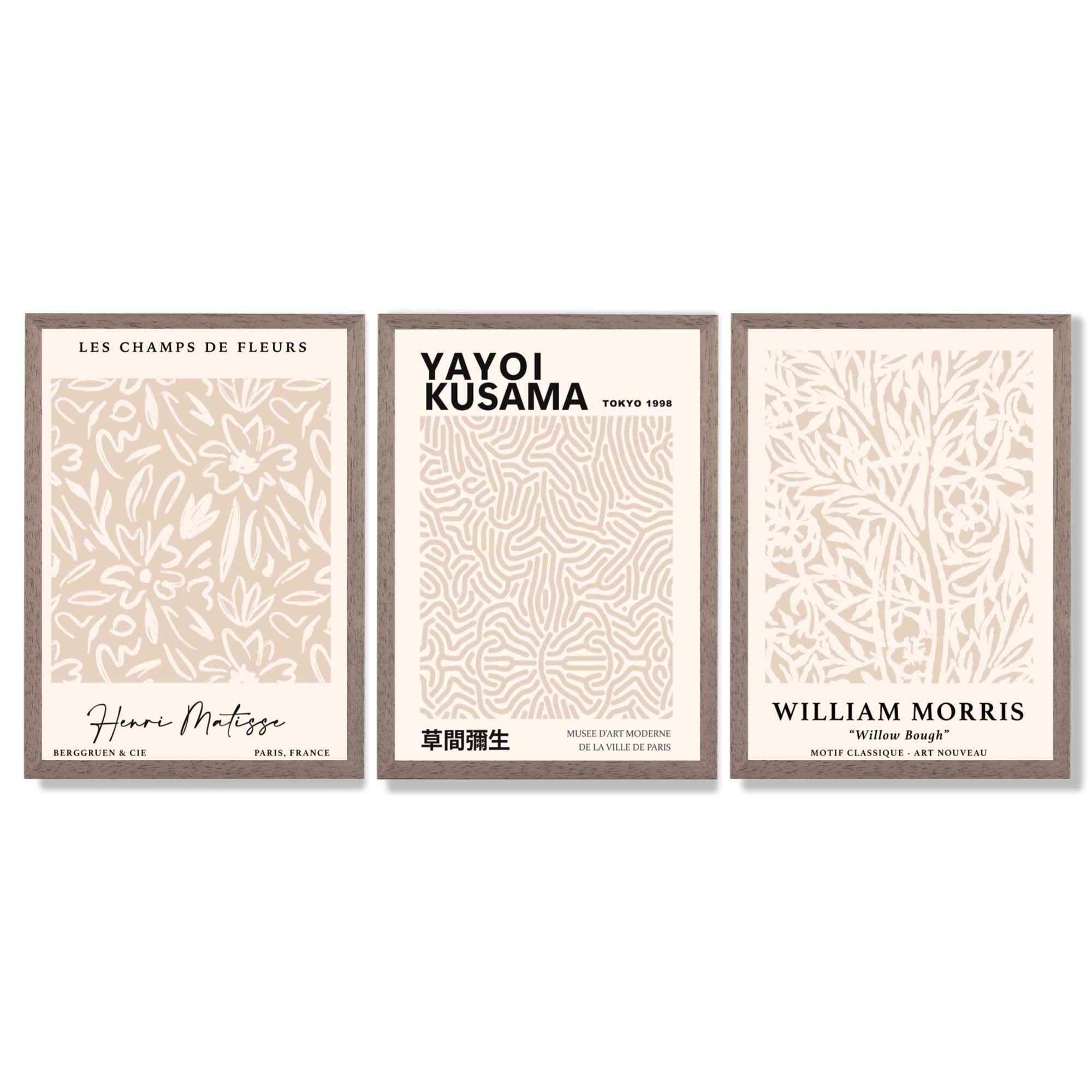 Set of 3 Matisse Morris Kusama Beige Floral Framed Wall Art with Light Walnut Frames