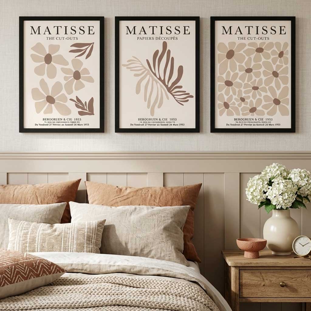 Set of 3 Beige and Brown Floral Minimal Framed Wall Art with Black Wooden Frames
