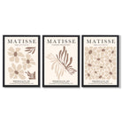 Set of 3 Beige and Brown Floral Minimal Framed Wall Art with Black Wooden Frames