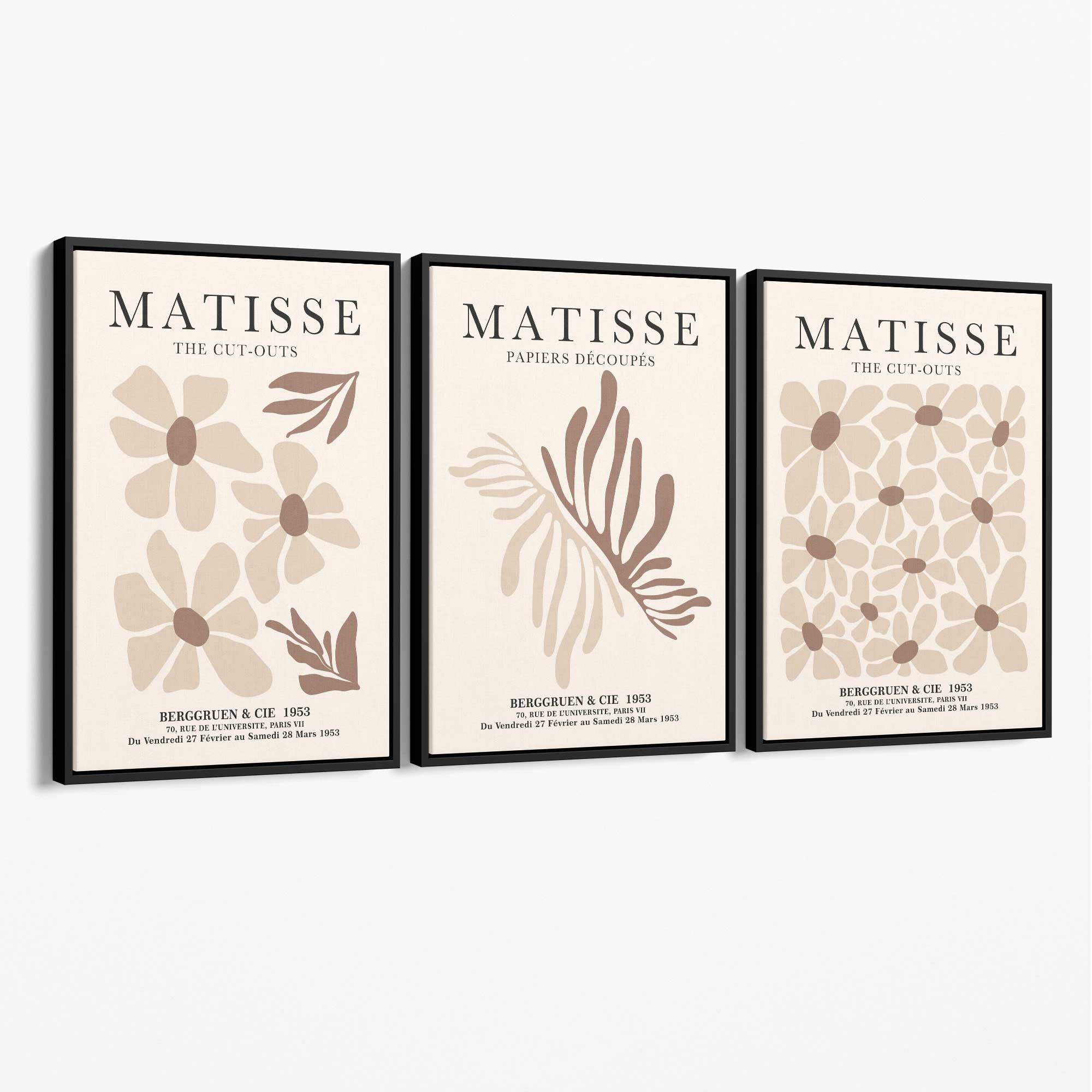 Set of 3 Beige and Brown Floral Minimal Canvas Prints with Black Float Frame