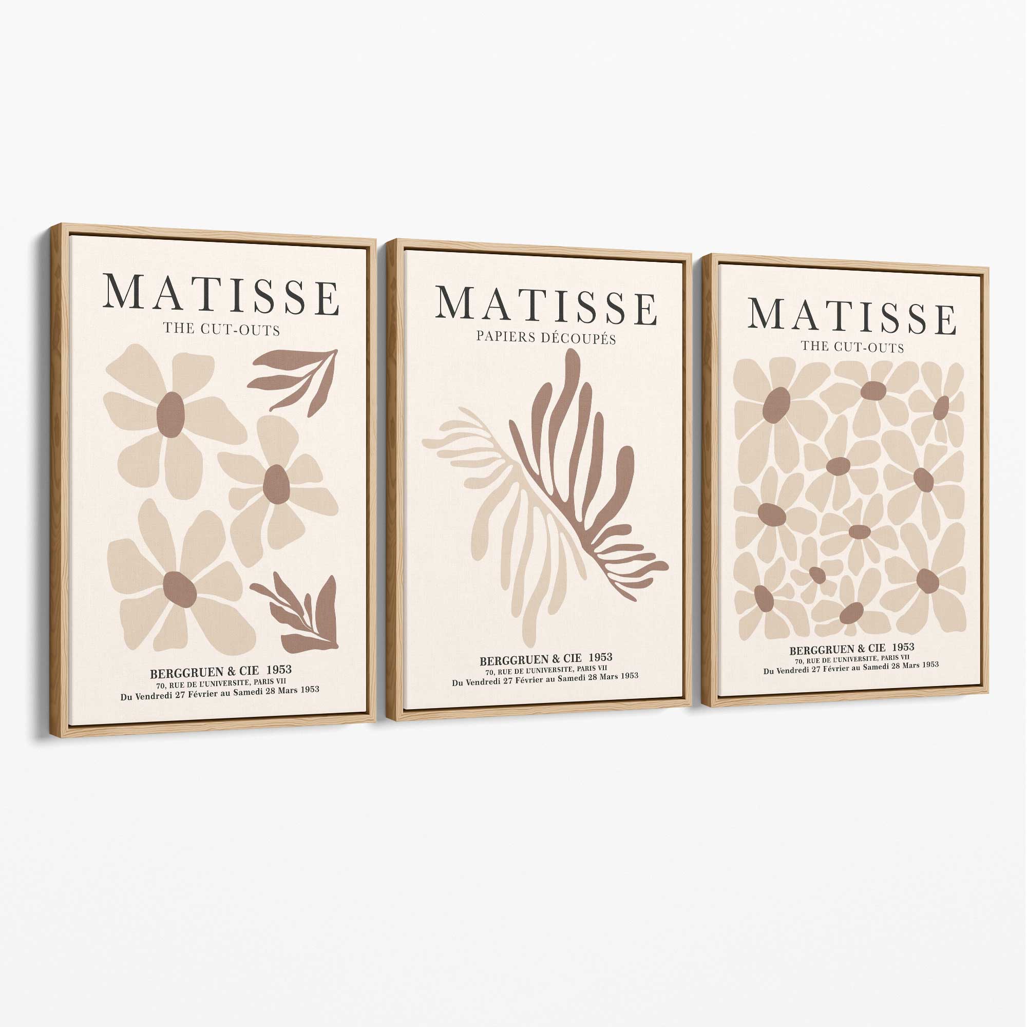 Set of 3 Beige and Brown Floral Minimal Canvas Prints with Oak Float Frame