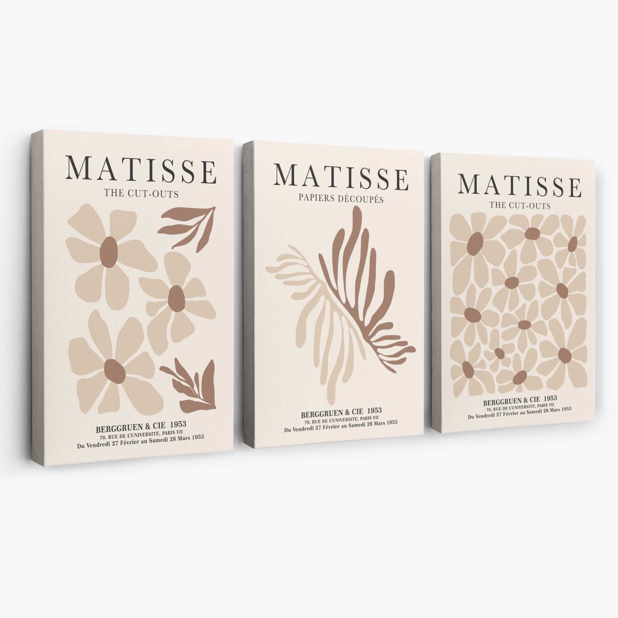 Set of 3 Beige and Brown Floral Minimal Canvas Prints | Artze Wall Art