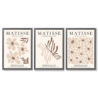 Set of 3 Beige and Brown Floral Minimal Framed Wall Art with Dark Grey Wooden Frames