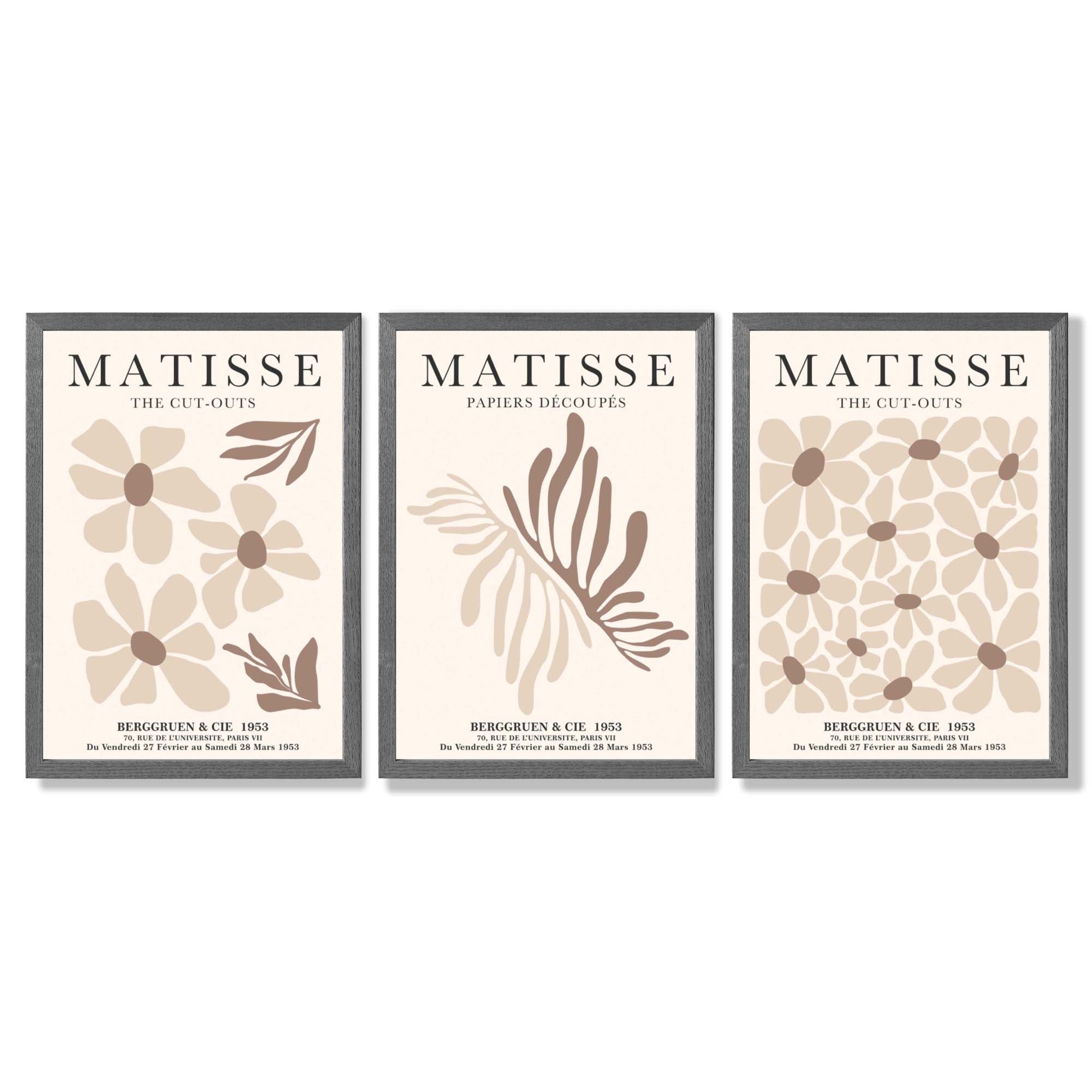 Set of 3 Beige and Brown Floral Minimal Framed Wall Art with Dark Grey Wooden Frames