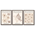 Set of 3 Beige and Brown Floral Minimal Framed Wall Art with Dark Wood Frames