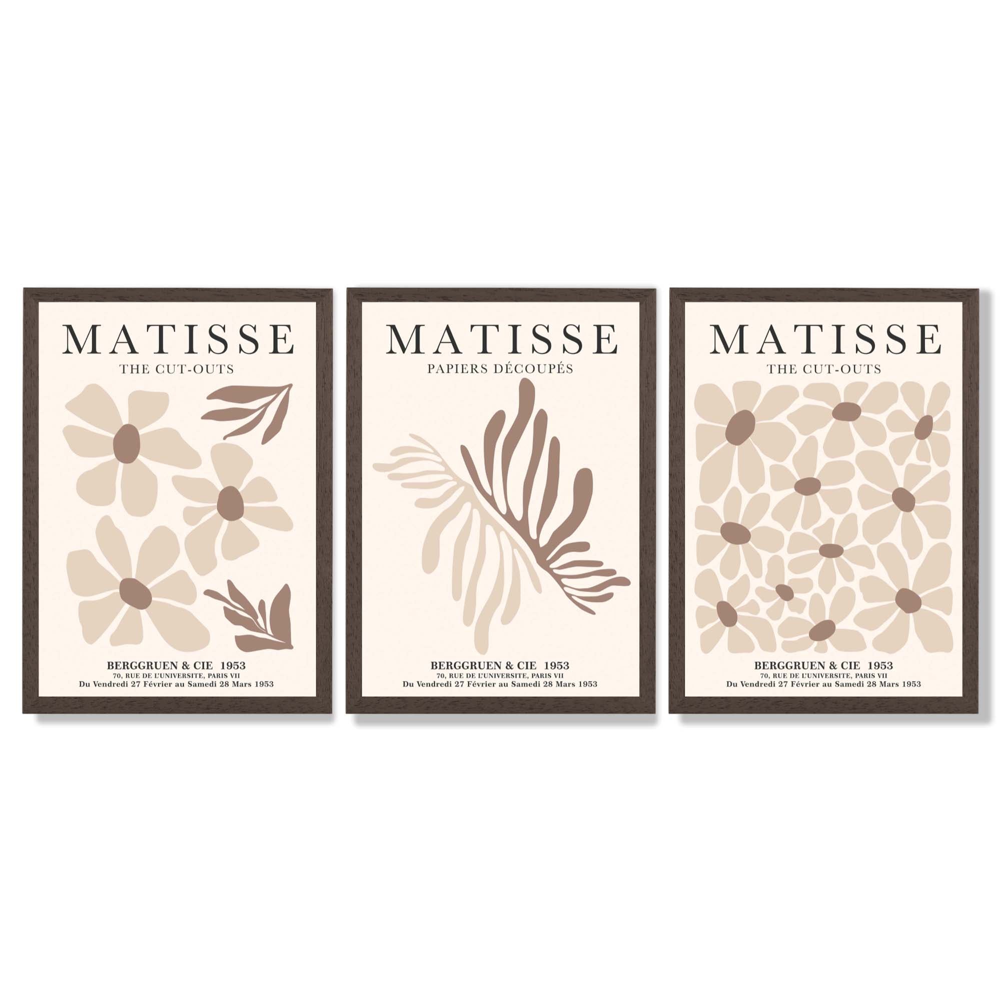 Set of 3 Beige and Brown Floral Minimal Framed Wall Art with Dark Wood Frames