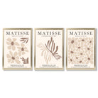 Set of 3 Beige and Brown Floral Minimal Framed Wall Art with Gold Wood Frames