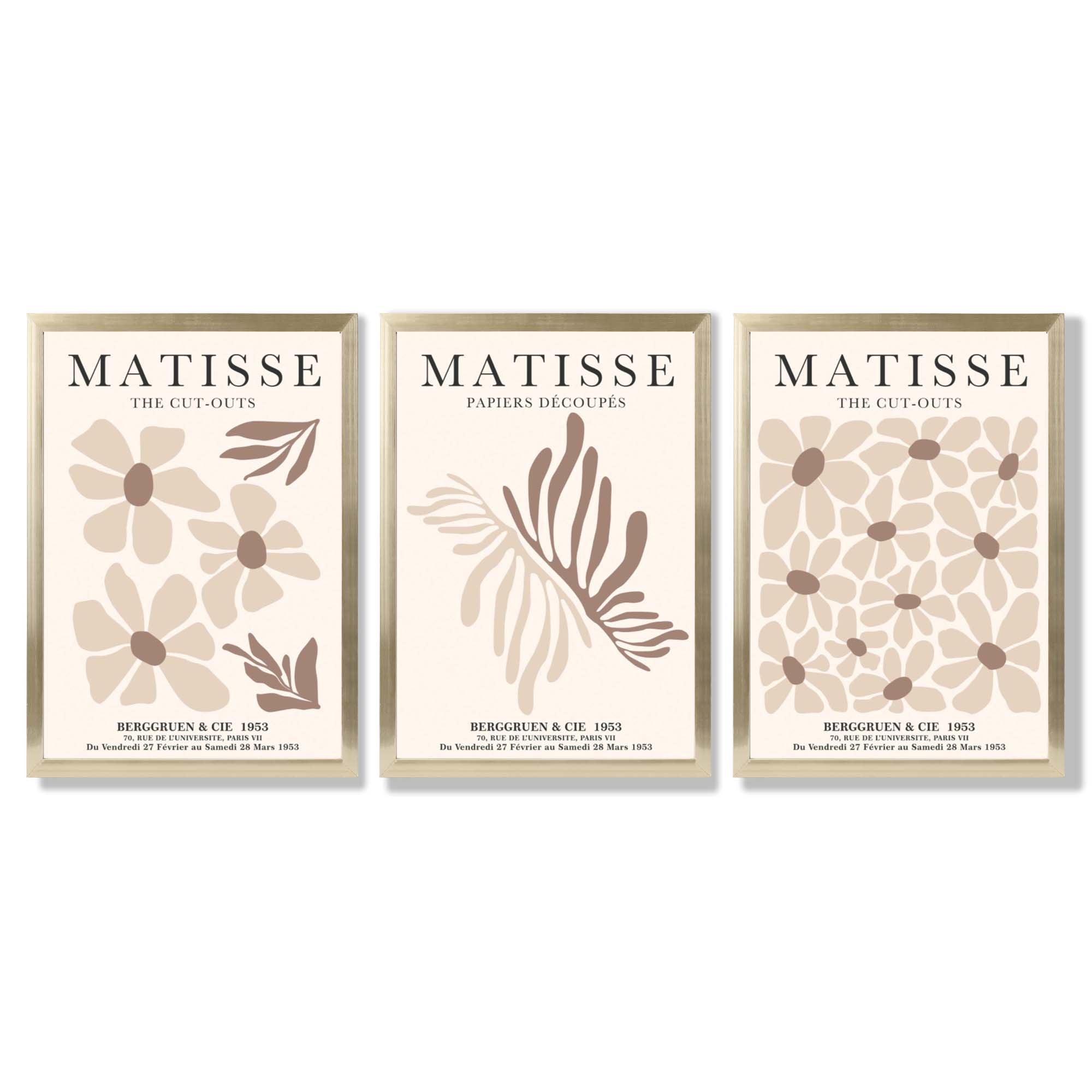 Set of 3 Beige and Brown Floral Minimal Framed Wall Art with Gold Wood Frames