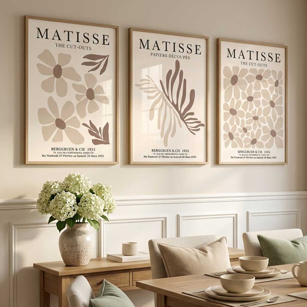 Set of 3 Beige and Brown Floral Minimal Art Prints in Black Frames | Artze UK