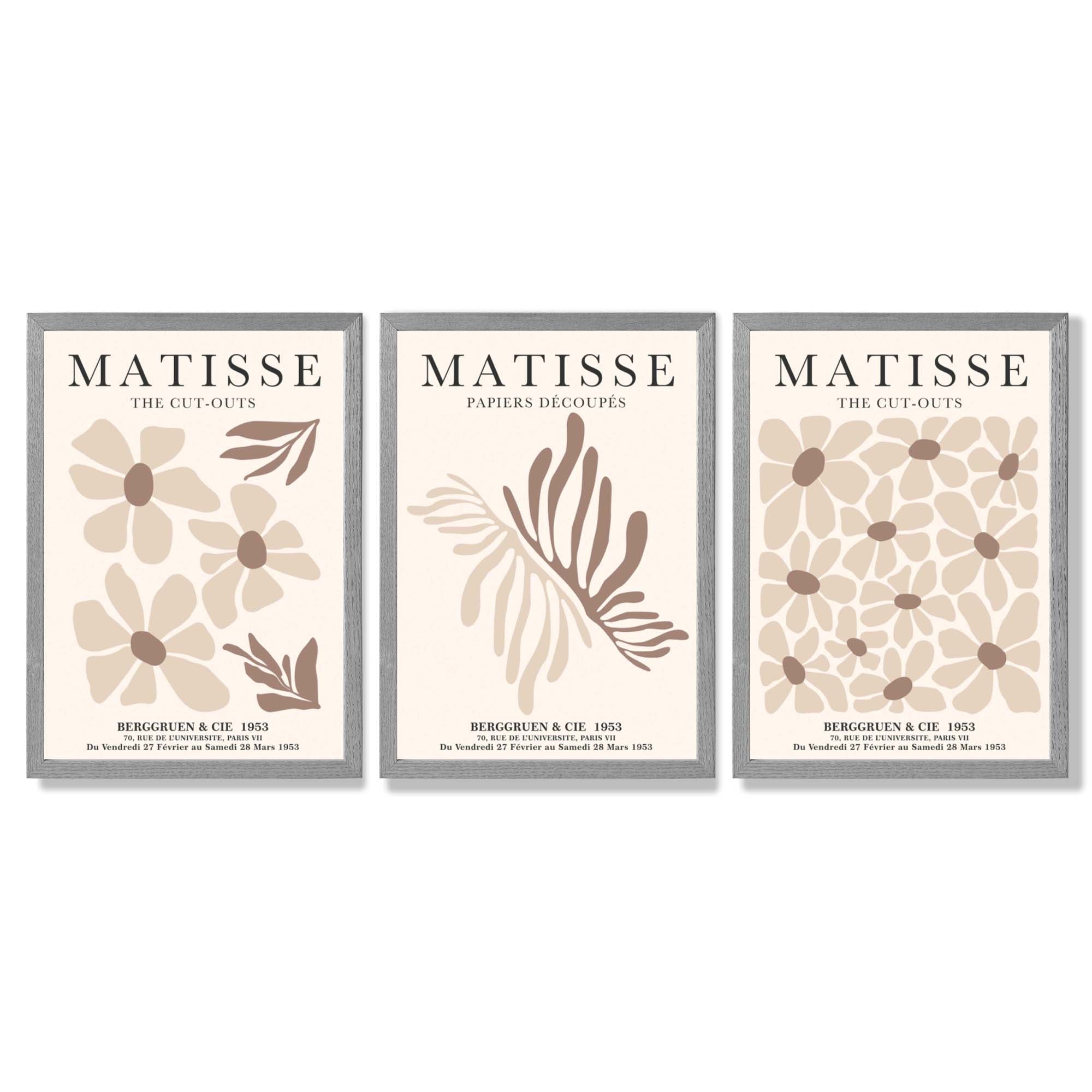 Set of 3 Beige and Brown Floral Minimal Framed Wall Art with Light Grey Wooden Frames