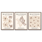 Set of 3 Beige and Brown Floral Minimal Framed Wall Art with Light Walnut Frames
