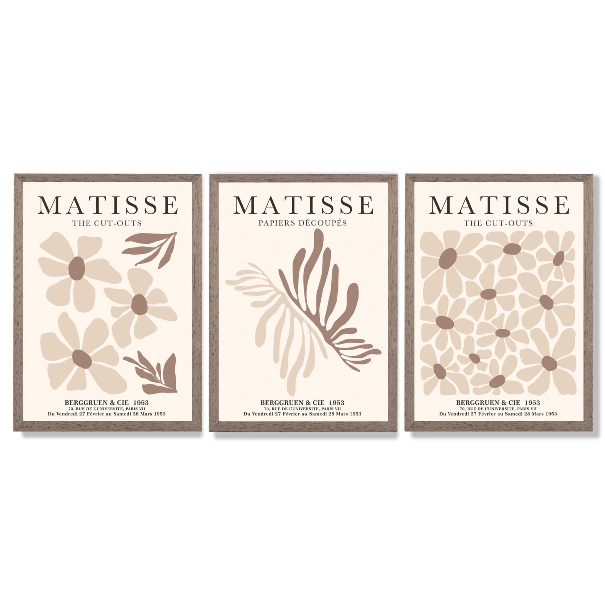 Set of 3 Beige and Brown Floral Minimal Framed Wall Art with Light Walnut Frames