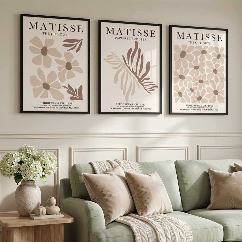 Set of 3 Beige and Brown Floral Minimal Art Prints in White Frames | Artze UK