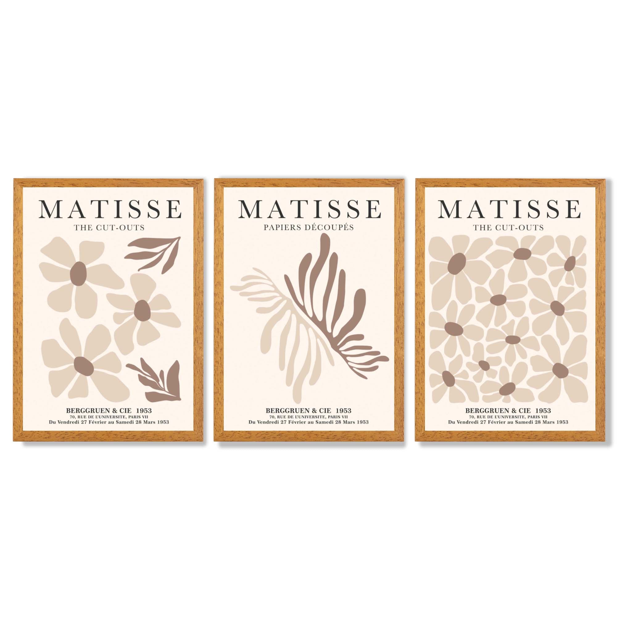 Set of 3 Beige and Brown Floral Minimal Framed Wall Art with Oak Wooden Frames