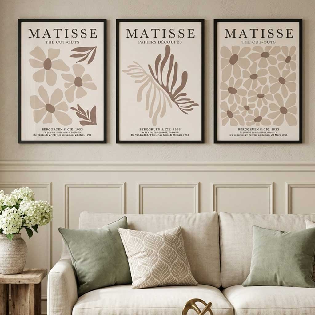 Set of 3 Beige and Brown Floral Minimal Art Prints in Oak Frames | Artze UK