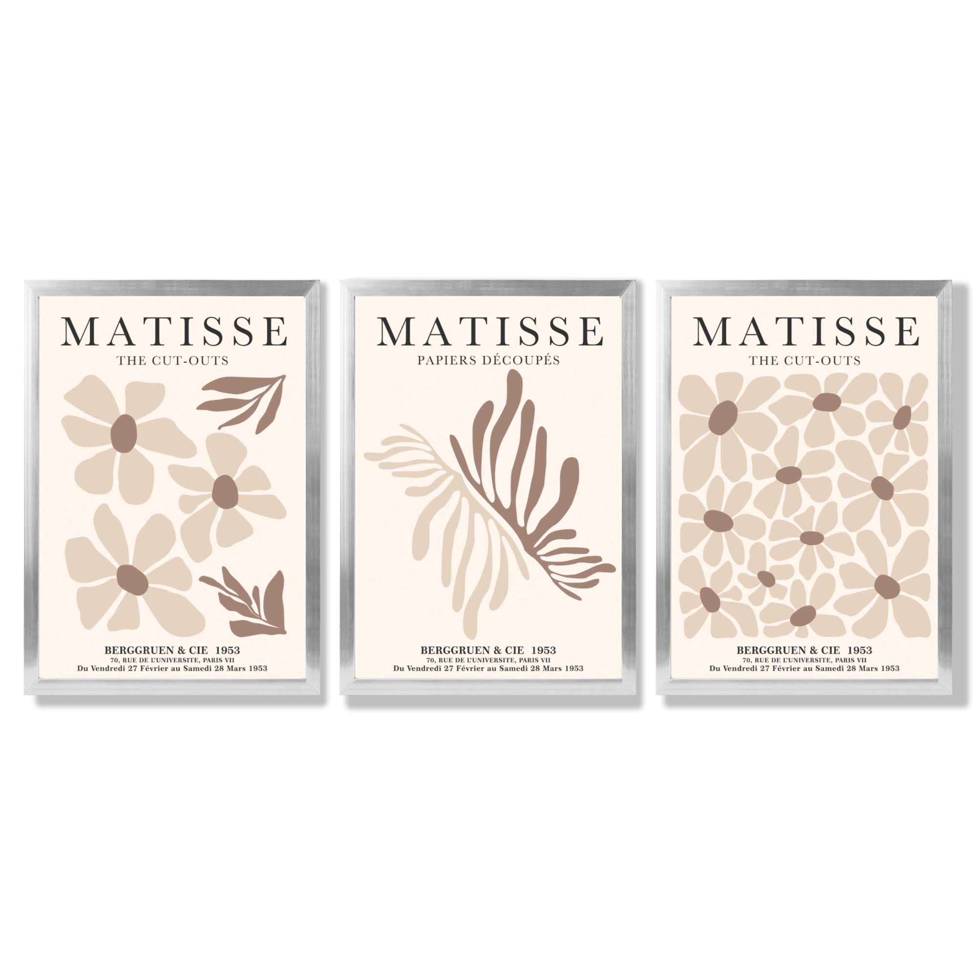 Set of 3 Beige and Brown Floral Minimal Framed Wall Art with Silver Wood Frames