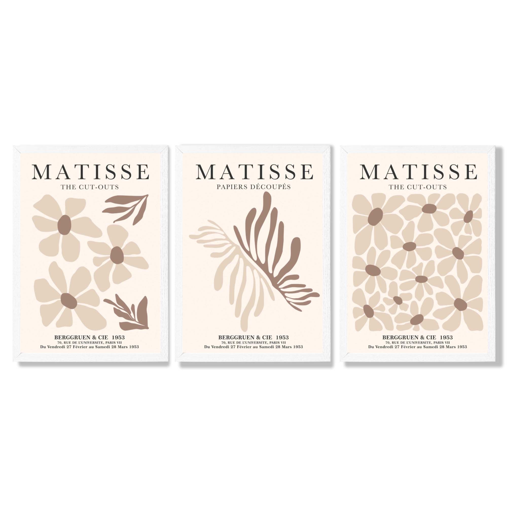 Set of 3 Beige and Brown Floral Minimal Framed Wall Art with White Wooden Frames