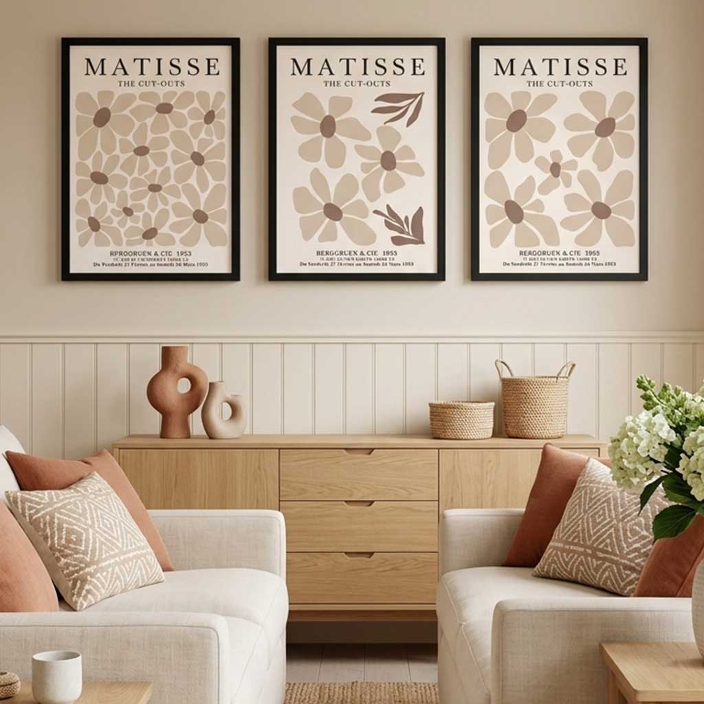 Set of 3 Floral Warm Minimalist Framed Wall Art with Black Wooden Frames
