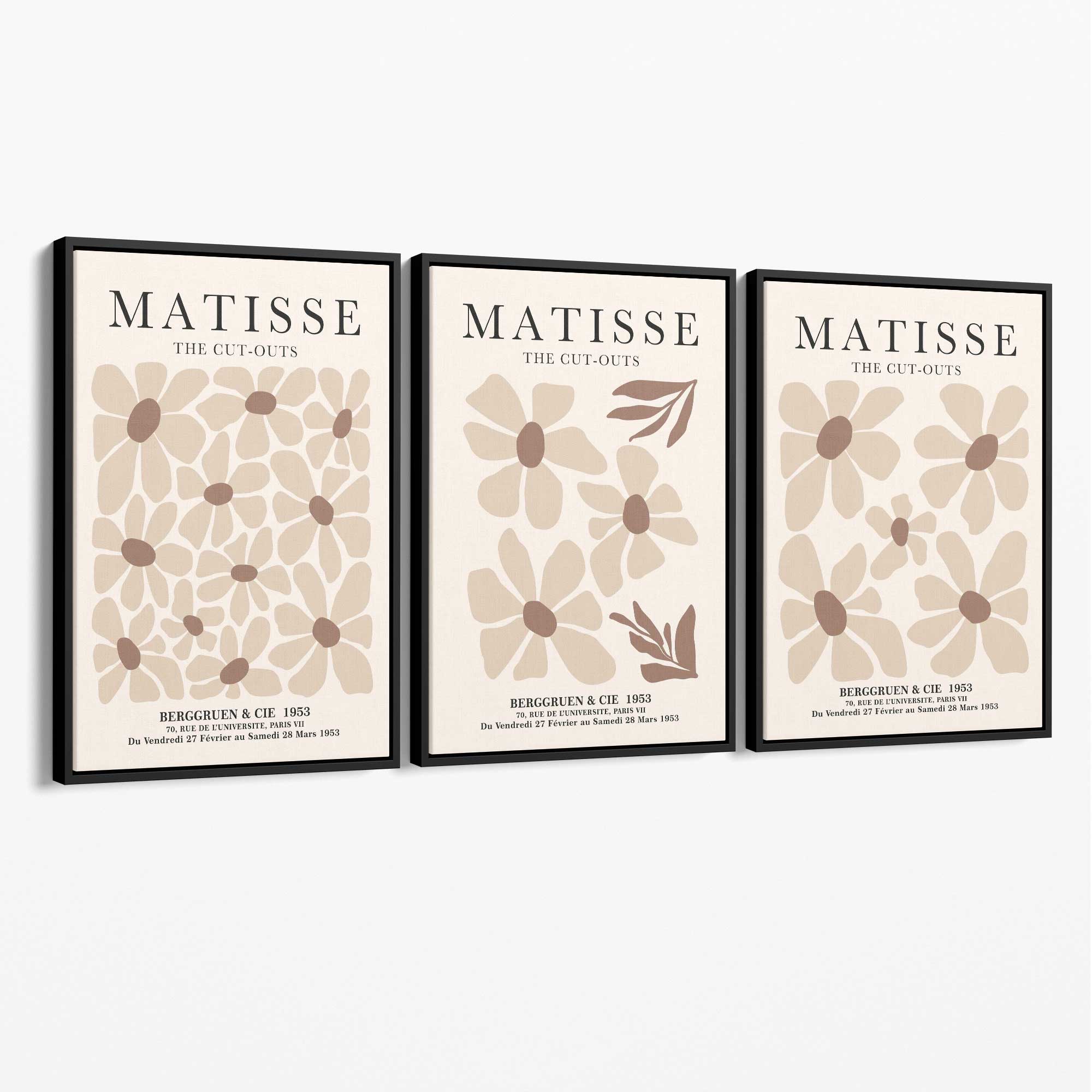 Set of 3 Floral Warm Minimalist Canvas Prints with Black Float Frame