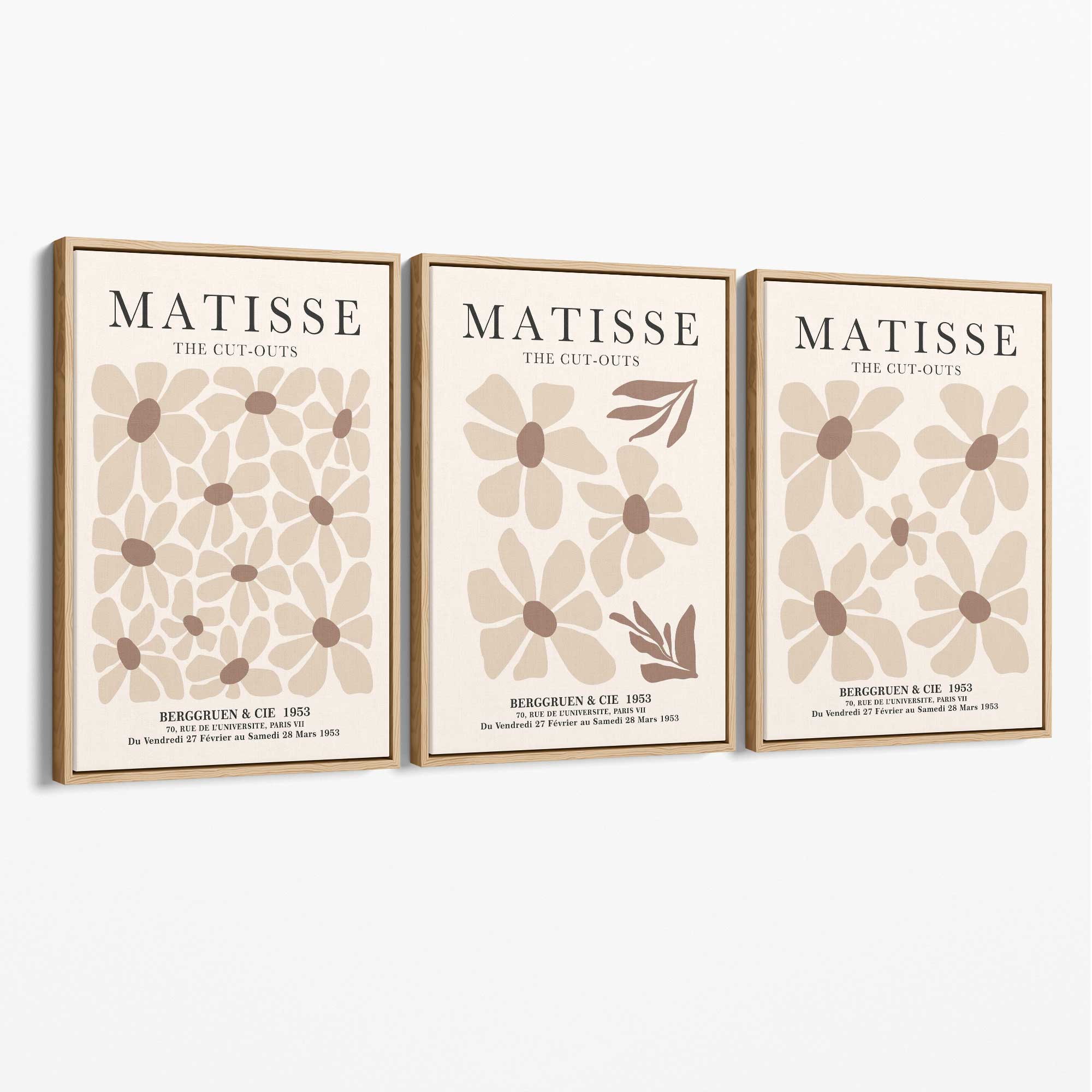 Set of 3 Floral Warm Minimalist Canvas Prints with Oak Float Frame