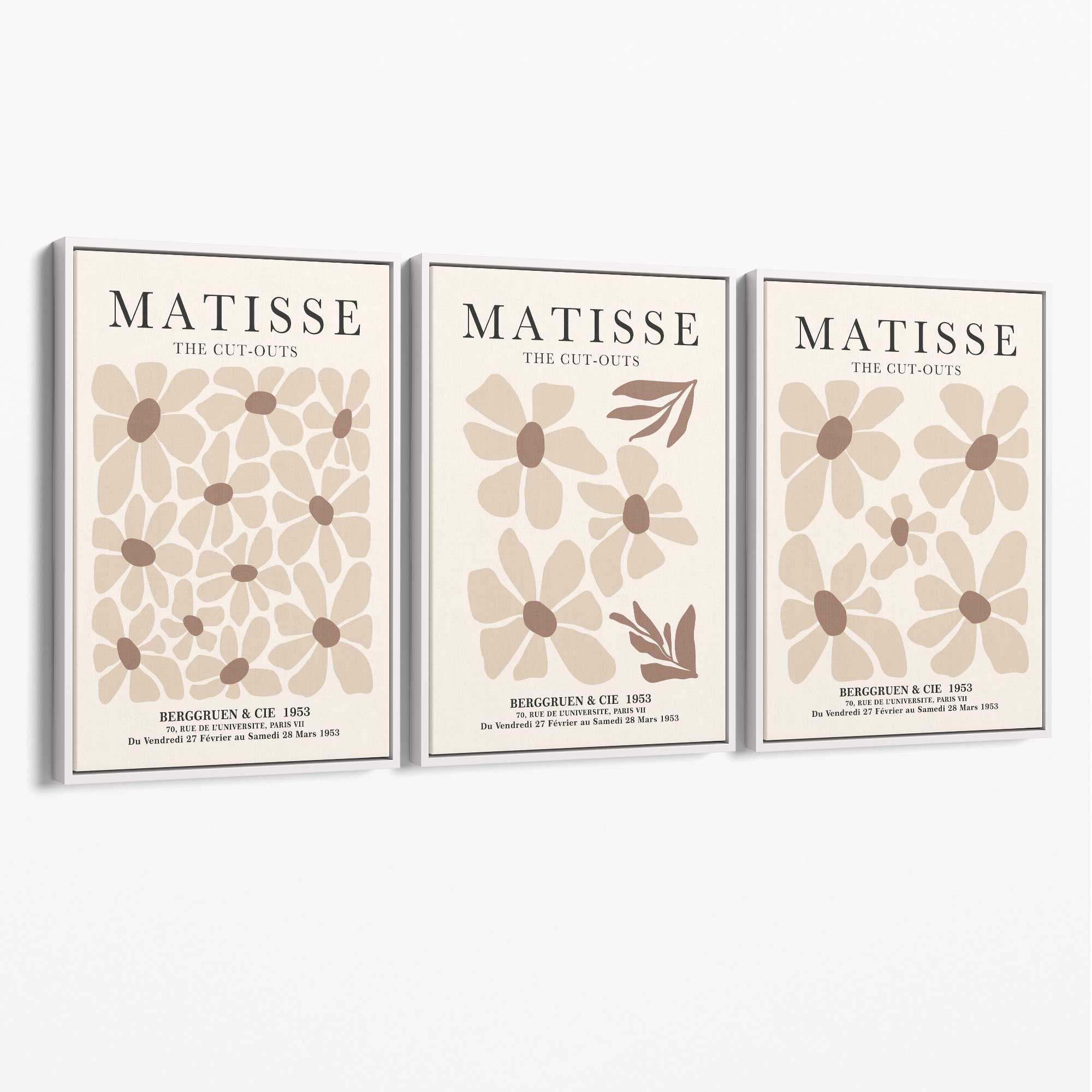 Set of 3 Floral Warm Minimalist Canvas Prints with White Float Frame