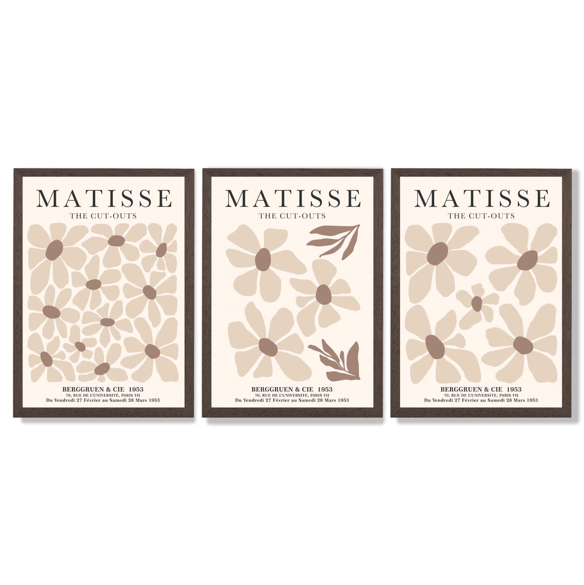 Set of 3 Floral Warm Minimalist Framed Wall Art with Dark Wood Frames