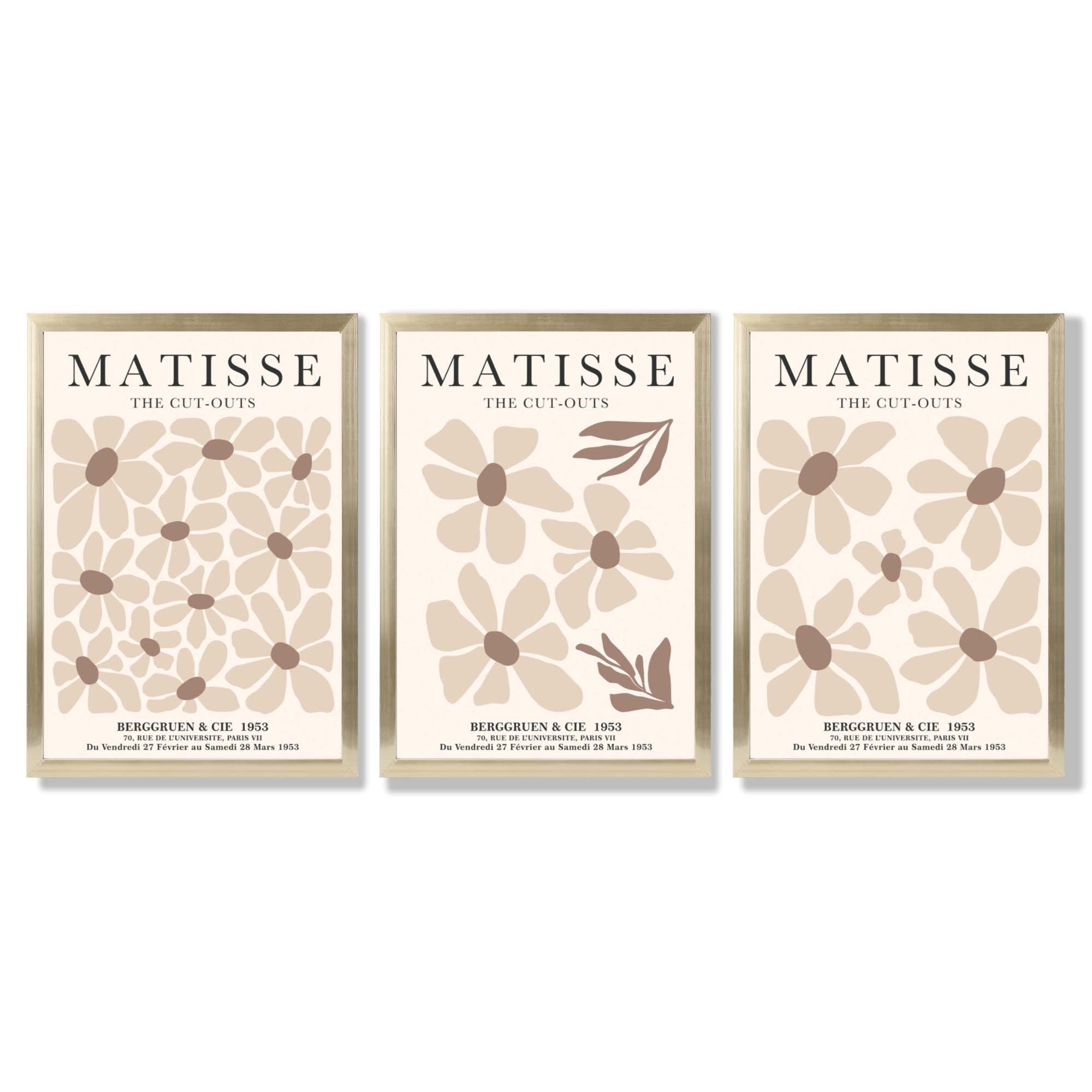 Set of 3 Floral Warm Minimalist Framed Wall Art with Gold Wood Frames
