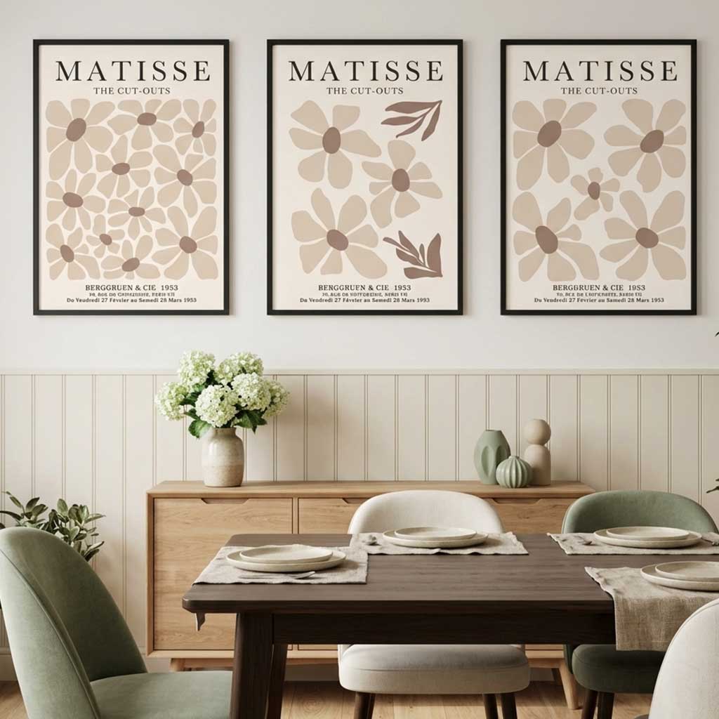 Set of 3 Floral Warm Minimalist Art Prints in Black Frames | Artze UK