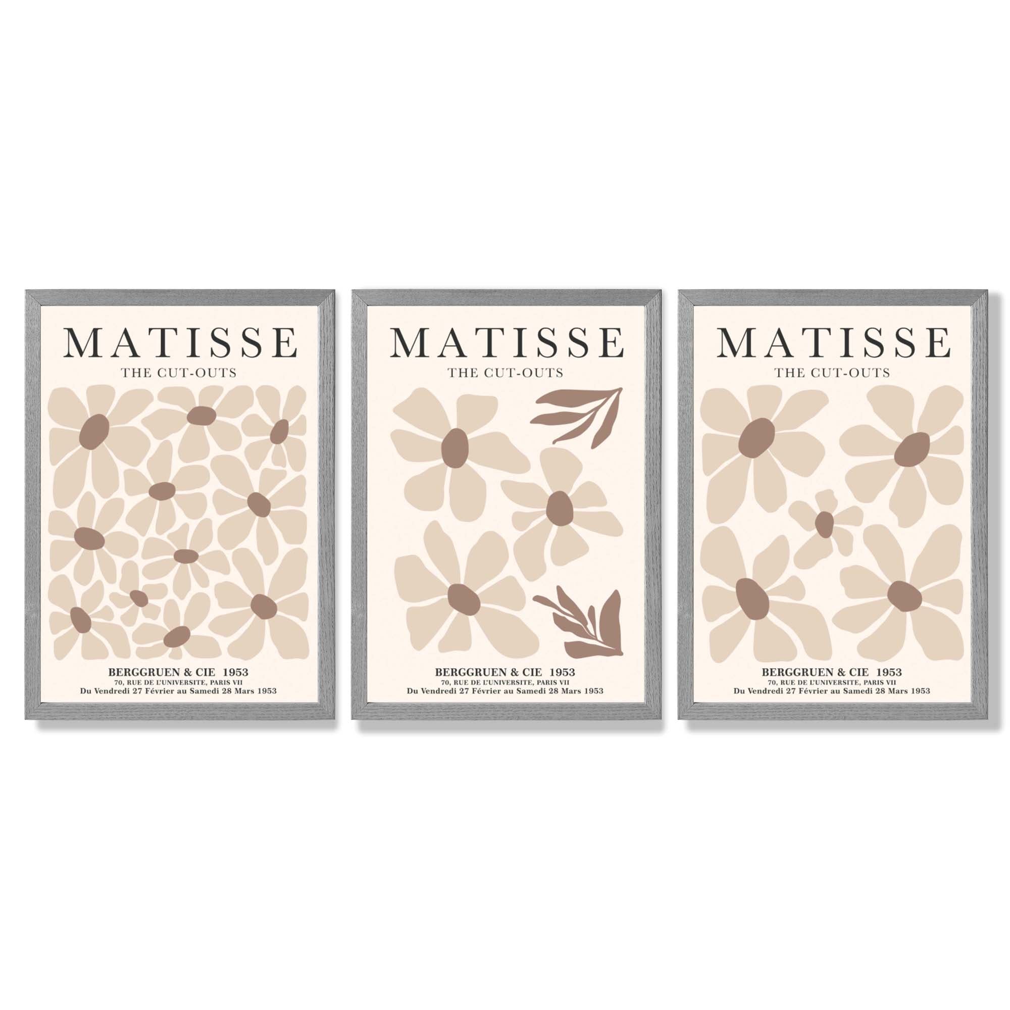 Set of 3 Floral Warm Minimalist Framed Wall Art with Light Grey Wooden Frames