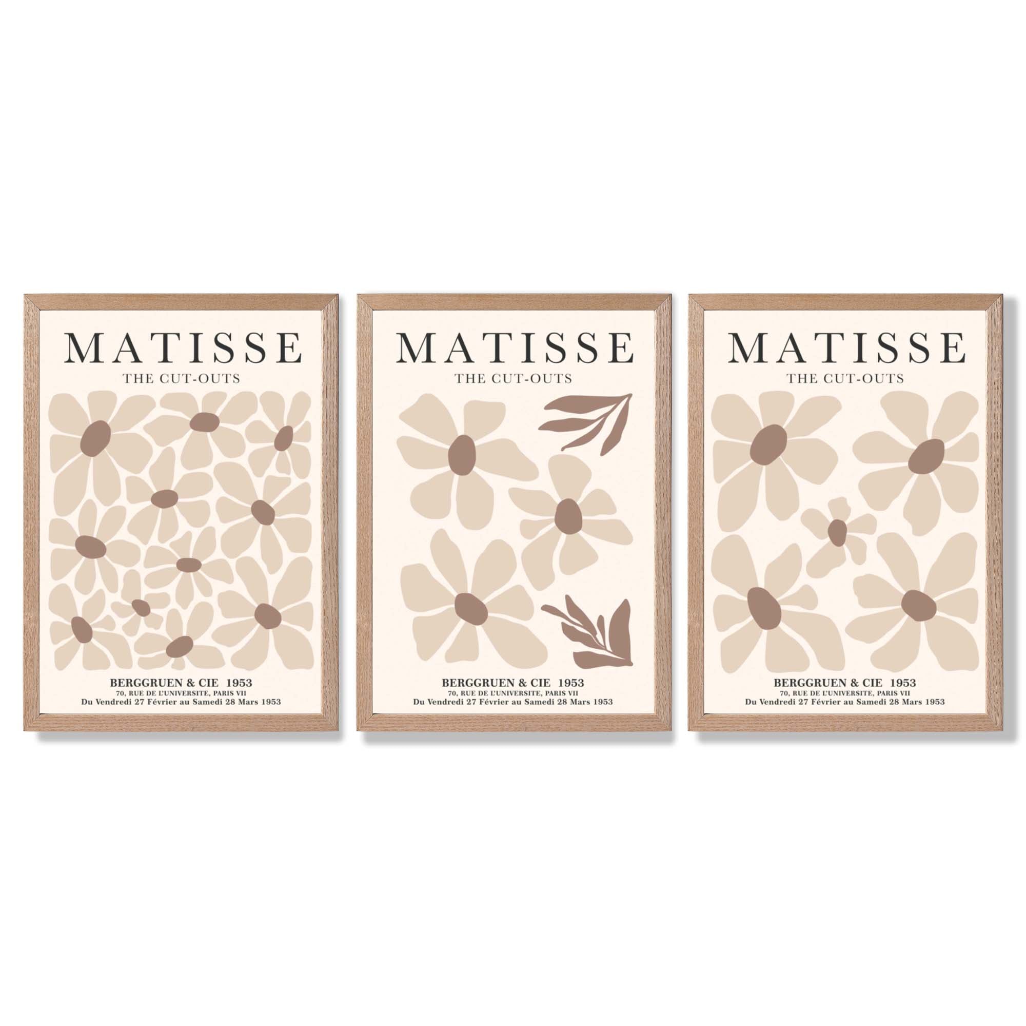 Set of 3 Floral Warm Minimalist Framed Wall Art with Light Oak Frames