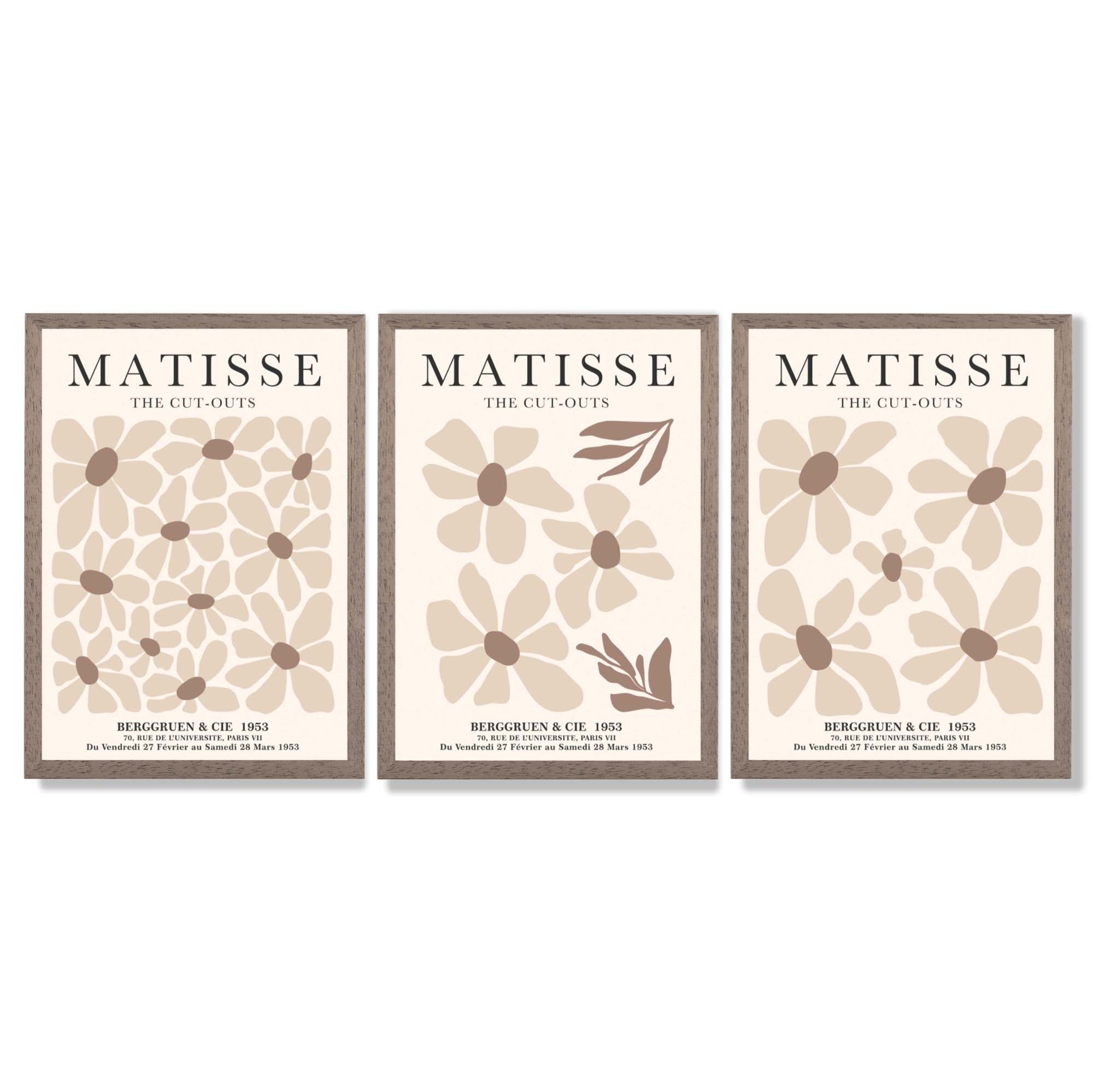 Set of 3 Floral Warm Minimalist Framed Wall Art with Light Walnut Frames