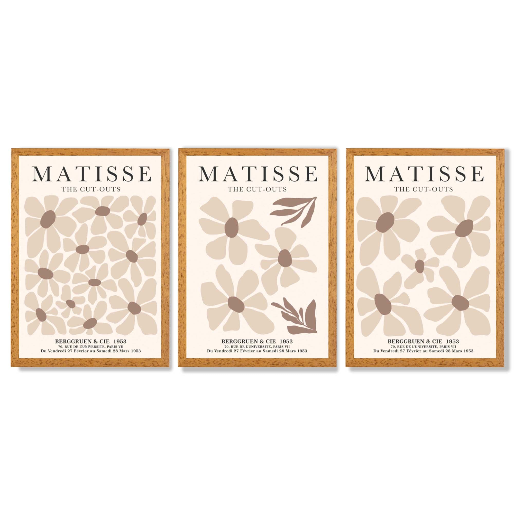 Set of 3 Floral Warm Minimalist Framed Wall Art with Oak Wooden Frames