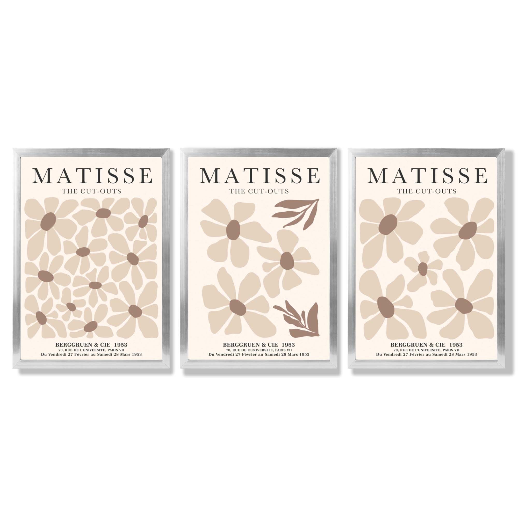 Set of 3 Floral Warm Minimalist Framed Wall Art with Silver Wood Frames